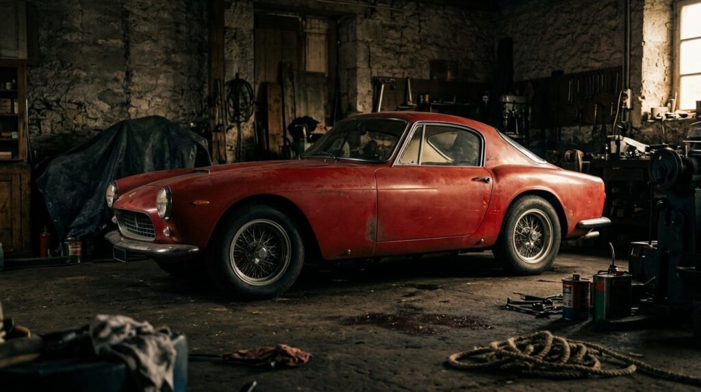 Roter klassischer Sportwagen in dunkler Garage