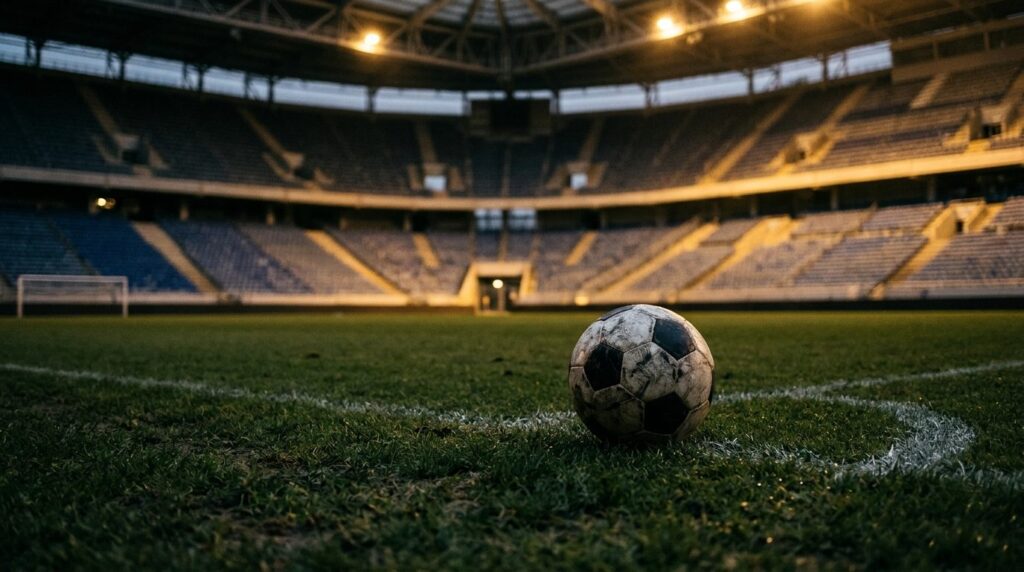 Fußball im leeren Stadion bei Flutlicht