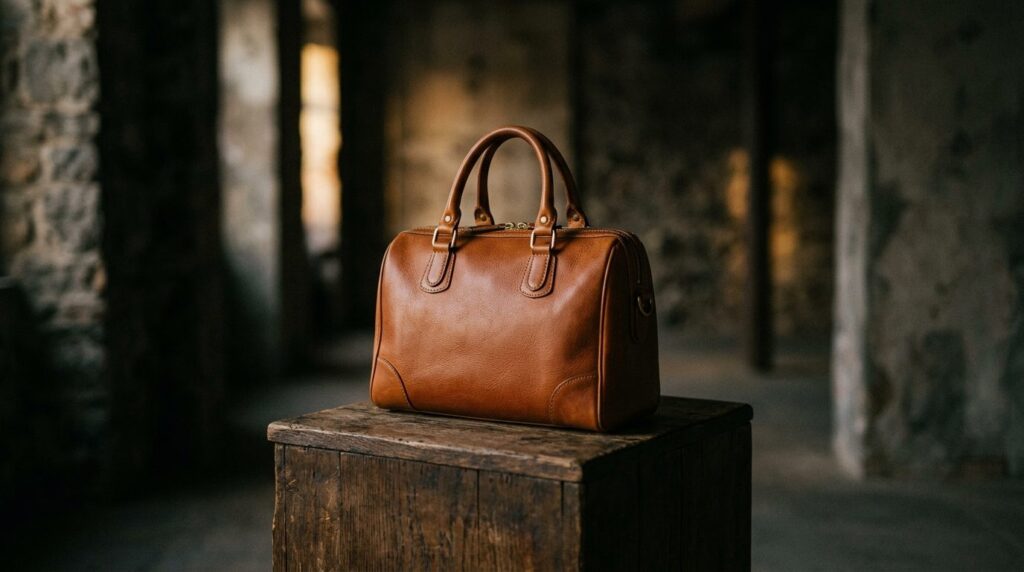 Lederhandtasche auf einem Podest