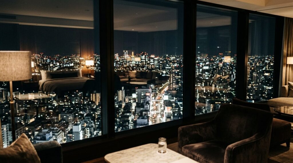 Luxussuite mit Blick auf eine Stadt bei Nacht