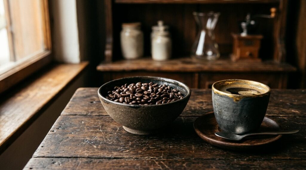 Kaffeebohnen und eine Tasse Kaffee