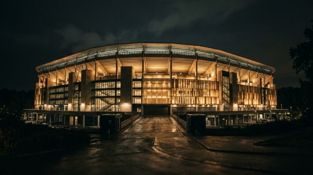 Modernes Stadion bei Nacht
