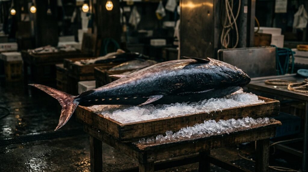 Blauflossen-Thunfisch auf Eis in einer Fischhalle