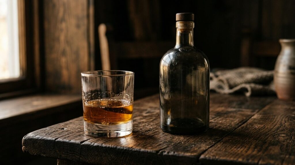 Glas Whisky auf dunklem Holz